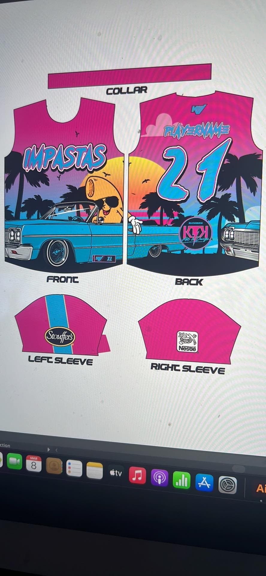 The year two jersey proof: hot pink fading into a sunset with black palm trees and a blue lowrider convertible driven by a noodle in sunglasses, IMPASTAS in blue lettering on the front and the number 21 on the back
