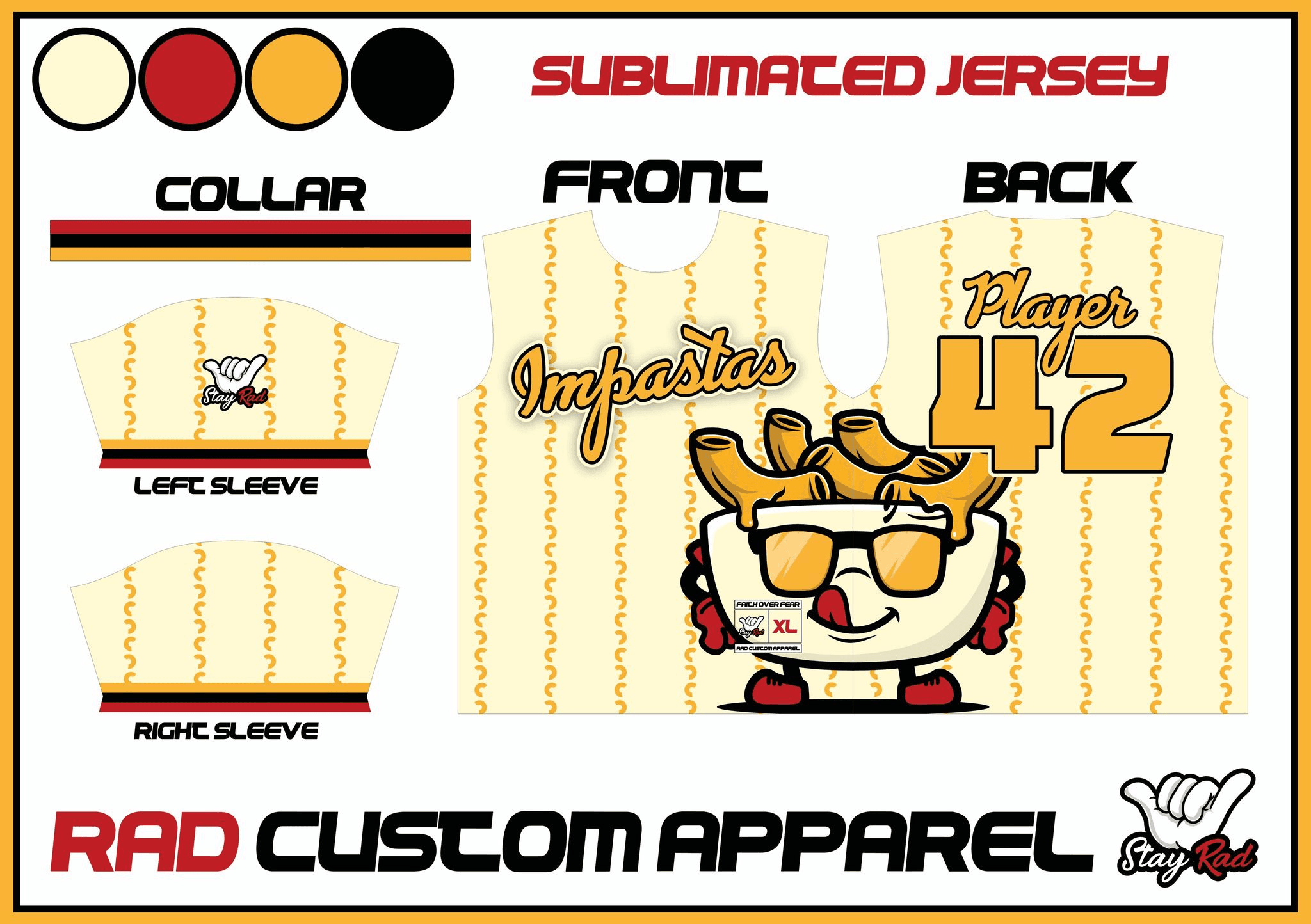 The year three jersey proof: cream with gold macaroni pinstripes, a gold Impastas script, a cartoon bowl of mac and cheese wearing sunglasses, and a gold number 42 on the back