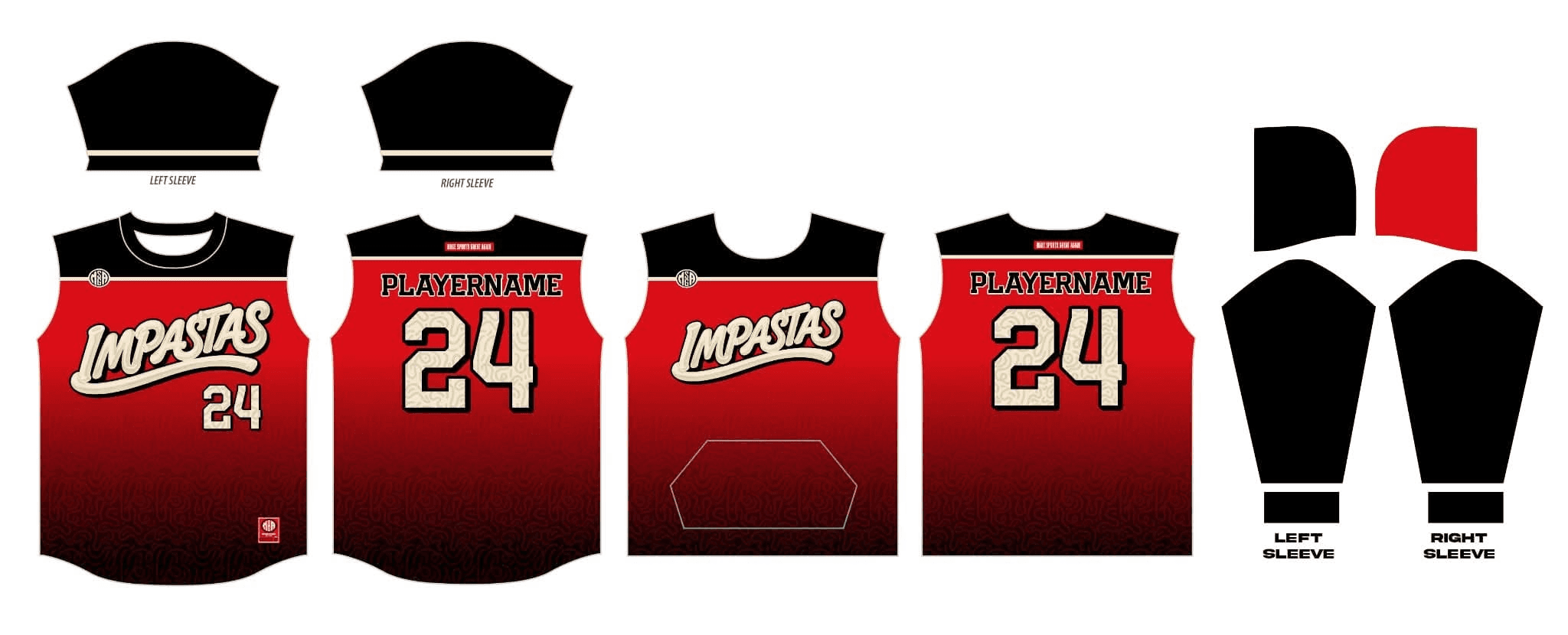 The Fall 2026 jersey artwork: red fading to black with a black yoke, cream Impastas script, and cream numbers filled with a pasta pattern